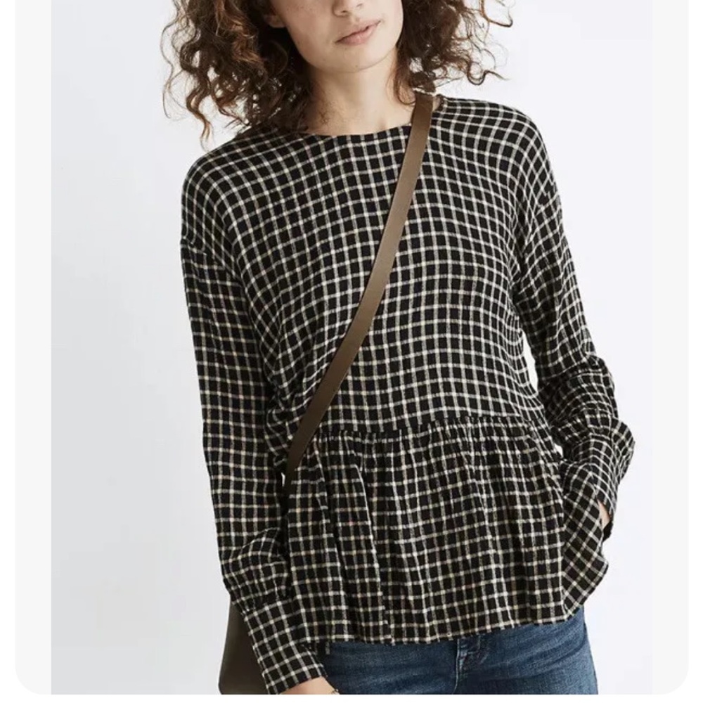 Madewell Button-Back Peplum Top in Mini Windowpane